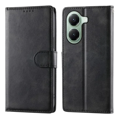 For Xiaomi Poco X7 Pro 5G  /  Redmi Turbo 4 5G Case Stand Wallet Calf Texture PU Leather Flip Phone Cover with Wrist Strap - Black