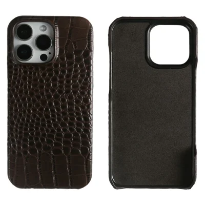 iPhone 15 Pro Max Hülle Krokodilleder-Textur Echtes Rindsleder Beschichtete PC-Handyhülle - Kaffee