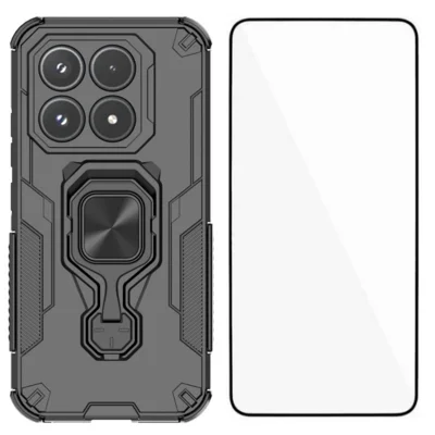 Xiaomi 17 Handyhülle WANLONFENG PC TPU Rückseite Ständer mit Hartglas - Schwarz