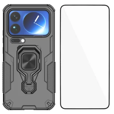 Für Xiaomi 17 Pro Handyhülle WANLONFENG PC TPU Rückseite mit Ständer und Hartglas - Schwarz