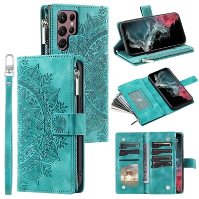 Til Samsung Galaxy S26 Ultra Wallet Case Mandala Blomstermønster PU Læder Telefonbeskyttelse med Håndledsrem - Mint Grøn