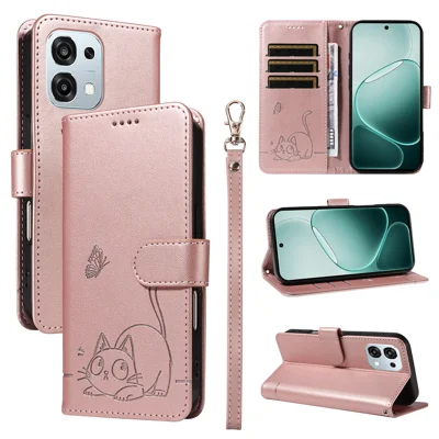For Oppo A6 Pro 4G / Oppo F31 5G / Oppo A6 Pro 5G Case Cat Pattern Imprint Leather Phone Cover with Wrist Strap - Rose Gold