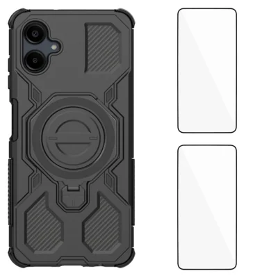 WANLONFENG For Samsung Galaxy A06 4G Case Kickstand with 2Pcs Screen Film  KJ Series PC TPU Phone Cover (Big Lens Hole) - Black