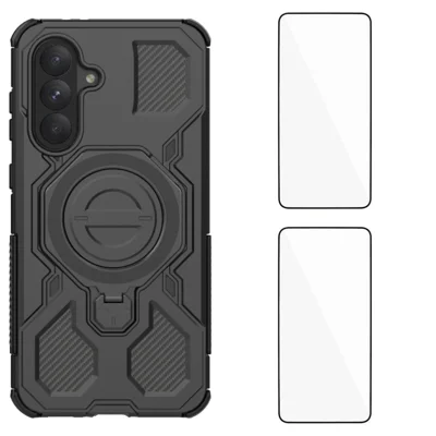 WANLONFENG For Samsung Galaxy A16 4G / Galaxy A16 5G Case Kickstand with 2Pcs Screen Film KJ Series PC TPU Phone Cover (Big Lens Hole) - Black