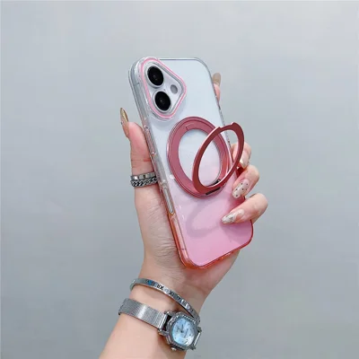 For iPhone 17 Magnetic Case 360 Rotating Ring Kickstand Gradient Clear TPU Phone Back Cover - Pink