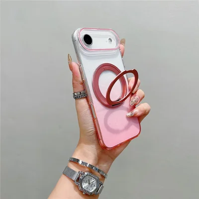 For iPhone Air Magnetic Case 360 Rotating Ring Kickstand Gradient Clear TPU Phone Back Cover - Pink