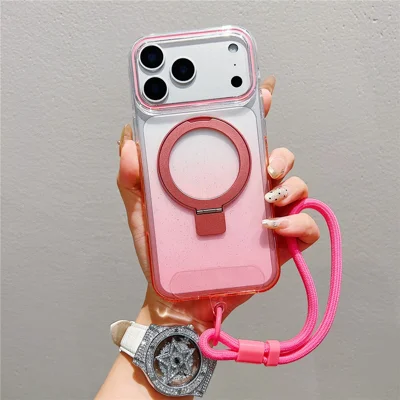 Custodia magnetica per iPhone 17 Pro con supporto, Gradient Clear TPU, cover posteriore per telefono con cinturino da polso - Rosa
