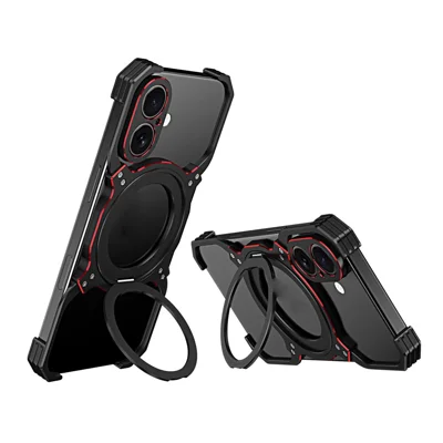 For iPhone 17 Case Kickstand Metal Bumper Magnetic Phone Cover - Black / Red