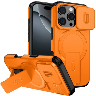 Til iPhone 16 Pro Case med fold ud stand og skydekamera dæksel i PC + TPU, kompatibel med MagSafe - Orange