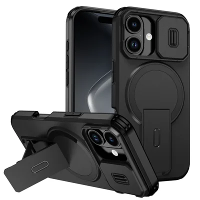 Custodia per iPhone 17 con supporto, slider per fotocamera, cover in PC + TPU compatibile con MagSafe - Nero
