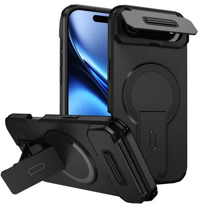 Til iPhone Air Case med fold ud stand og skydekamera dæksel i PC + TPU, kompatibel med MagSafe - Sort