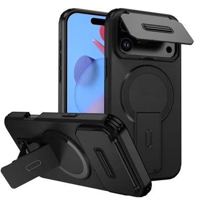 Til iPhone 17 Pro Case med fold ud stand og skydekamera dæksel i PC + TPU, kompatibel med MagSafe - Sort