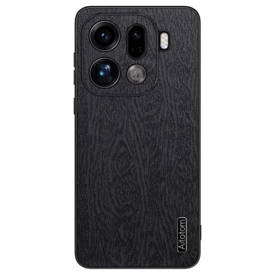 Voor Oppo Find X9 Pro 5G hoesje met houtnerf PU leer coating PC TPU telefoonhoes - Zwart