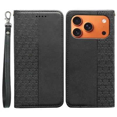 For iPhone 18 Pro Max / 17 Pro Max Wallet Phone Case Checkered Pattern Imprint Leather Flip Cover with Wrist Strap - Black