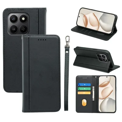 Wallet Case For Honor 400 Smart 5G  /  4G  /  X7d 4G Magnetic Closing PU Leather Phone Cover with Wrist Strap - Black