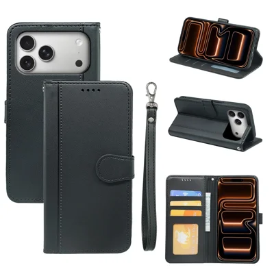 iPhone 17 Pro Wallet Case Magnetischer Snap Leder Handyhülle mit Trageriemen - Schwarz