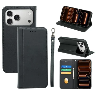 Plånboksfodral till iPhone 17 Pro Max med magnetisk stängning, PU-läder med handledsrem – Svart