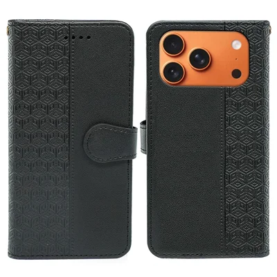 For iPhone 18 Pro Max / 17 Pro Max Wallet Phone Case Pattern Imprint Leather Flip Cover - Black