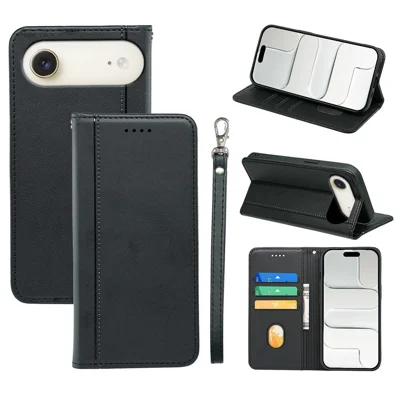 For iPhone Air Wallet Case Magnetic Closing PU Leather Phone Cover with Wrist Strap - Black