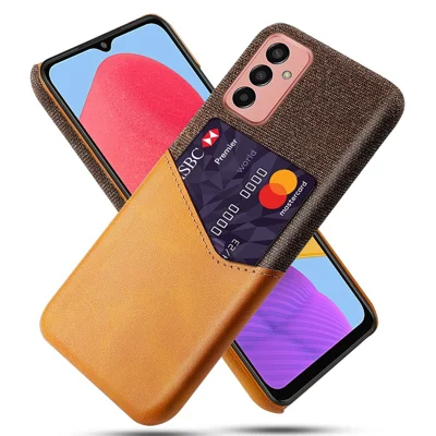 Cellphone Case for Samsung Galaxy M13 4G Card Holder Design Anti-fall Cloth Texture Phone Case PU Leather Coated PC Cover - Brown