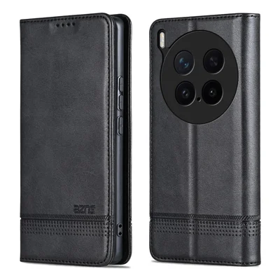 AZNS For vivo X300 Pro 5G Case Cowhide Texture PU Leather Wallet Phone Cover - Black