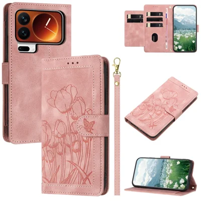 Capa para Xiaomi 17 Pro Max Tulip Leather com 5 Slots para Cartão Carteira - Rosa