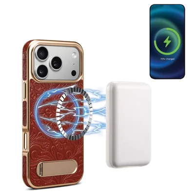 DENIOR A25 per iPhone 17 Pro Max Cover Compatibile con MagSafe Supporto Elettroplaccato Vera Pelle di Mucca Custodia Posteriore per Telefono - Rosso