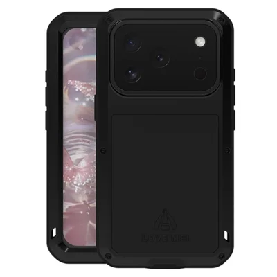 LOVE MEI For iPhone 17 Pro Case Tempered Glass Screen Protector Metal + Silicone Phone Cover - Black