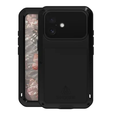 LOVE MEI For iPhone 17 Case Tempered Glass Screen Protector Metal + Silicone Phone Cover - Black