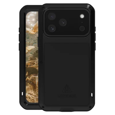 Чехол LOVE MEI для iPhone 17 Pro Max с закаленным стеклом для экрана, металлический + силиконовый чехол для телефона - Черный