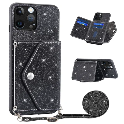 For iPhone 15 Pro Max Case Card Holder Kickstand PU Leather + TPU Glitter Phone Cover with Shoulder Strap - Black