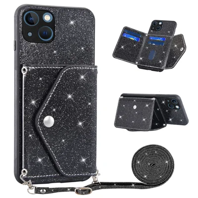 Voor iPhone 15 Plus hoesje met kaarthouder en standaard van PU-leer + TPU Glitter telefoonhoes met schouderband - Zwart