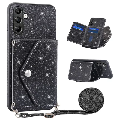 Capa para Samsung Galaxy S25+ / S24+ com suporte para cartão, suporte, couro PU + TPU brilhante, capa de telefone com alça de ombro - Preto