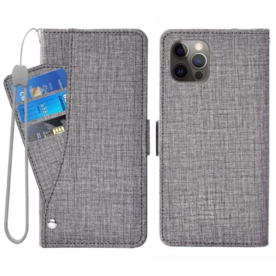 iPhone 15 Pro Hülle Jeansstoff Textur PU-Leder Brieftasche Handyhülle mit drehbaren Kartenfächern - Grau