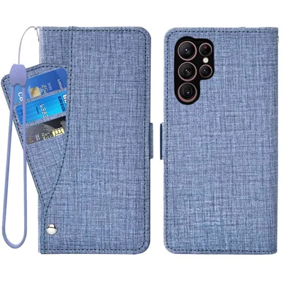 For Samsung Galaxy S23 Ultra Case Jean Cloth Texture PU Leather Wallet Phone Cover with Rotating Card Slots - Blue
