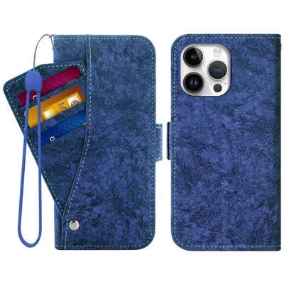 For iPhone 15 Pro Max Case Water-ink Painting Wallet PU Leather Phone Cover with Rotating Card Slots - Blue
