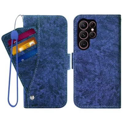 Per Samsung Galaxy S25 Ultra Case Water-ink Painting Wallet PU Leathe Phone Cover con Slot per Carte Rotanti - Blu