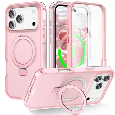 For iPhone 17 Pro Max Magnetic Case Kickstand Frosted TPU + PC Phone Cover with PET Screen Protector - Pink