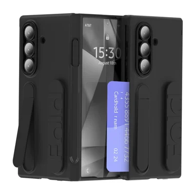 For Samsung Galaxy Z Fold7 5G Case Card Holder Kickstand Wristband PC Phone Cover with Stylus / Pen Slot - Black