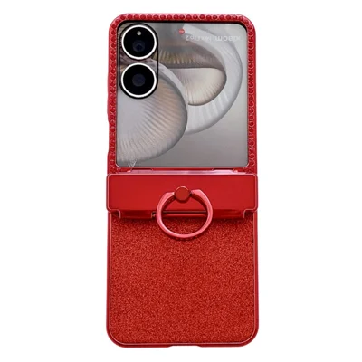 For Xiaomi Mix Flip 2 Case Shiny Glitter Ring Holder PC Phone Cover with Tempered Glass Rear Screen Film