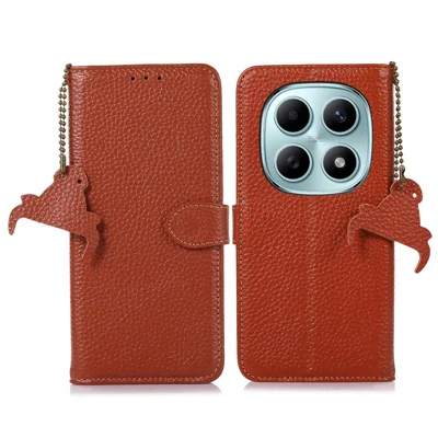 Til Xiaomi Redmi Note 15 5G (Kina) etui med RFID-blokerende ægte kuelskindsdæksel med litchi-struktur - Brun