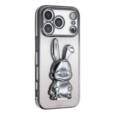 Funda para iPhone 17 Pro Max con soporte, conejo con purpurina electrodepositada, carcasa de PC + TPU - Negro