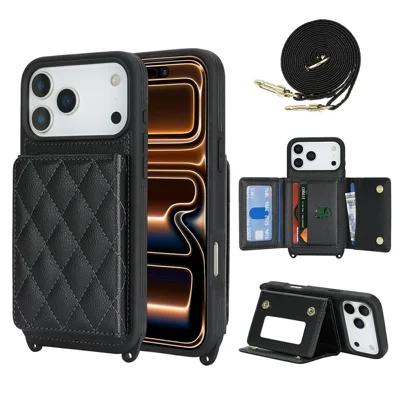 For iPhone 18 Pro Max / 17 Pro Max Case with Lanyard  /  Mirror  /  Card Holder Grids Pattern RFID Blocking Phone Cover - Black
