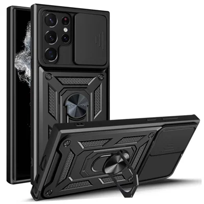 For Samsung Galaxy S23 Ultra Anti-fall Phone Case Ring Kickstand PC + TPU Smartphone Cover with Slide Camera Protector - Black