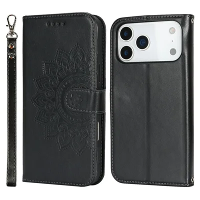 Custodia in pelle testurizzata per iPhone 17 Pro Max con portafoglio e cinturino - Nero