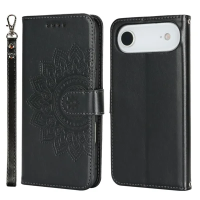 iPhone Air Case Texturiertes Leder Geldbörse Handyhülle mit Gurt - Schwarz