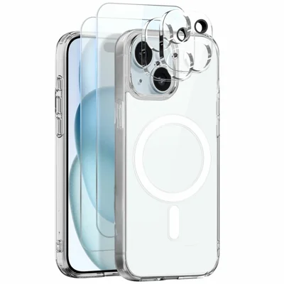 NORTHJO 5 in 1 Set for iPhone 15 Plus Magnetic Case PC + TPU Phone Cover with 2 Front Screen Protector + 2 Lens Film