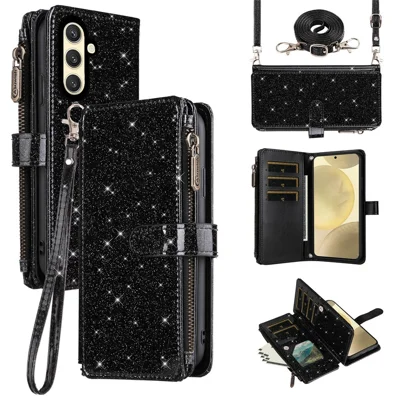 ASUWISH For Samsung Galaxy S24 FE Case 10 Card Holder Glitter Leather Phone Cover with Crossbody Strap - Black