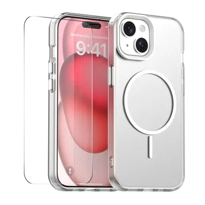 Capa para iPhone 15 Plus com Vidro Temperado 9H ENKAY HAT PRINCE PC TPU Capa de Telefone Compatível com MagSafe - Branco