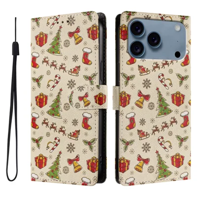 Capa para iPhone 17 Pro com Estampa Temática de Natal, Impressão em Couro PU, Carteira e Alça de Pulso - Presentes de Natal